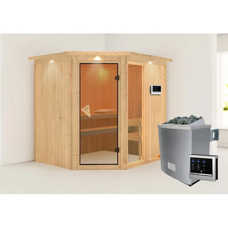 Karibu Sauna Fiona 2 mit Kranz Set mit Ofen 9 kW Edelstahl, externe Steuerung Easy – Bild 2