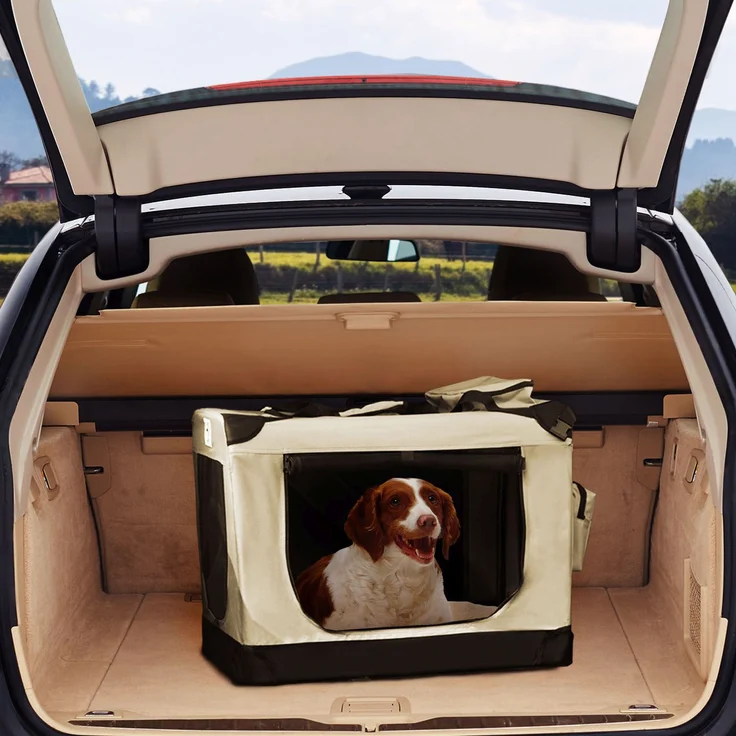 Juskys Hundetransportbox Lassie L (beige) faltbar - 50 x 70 x 52 cm - Reisebox mit Decke, Tasche & Griffen – Stoff Transportbox für Hunde – Bild 2