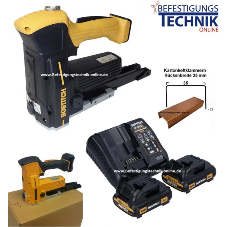 Bostitch DSA-3522-E 10,8 V Akku Kartonverschlusshefter Karton Tacker im Koffer und 2x 1,5 Ah Akku und Ladegerät