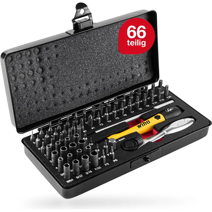 Wiha Micro Bit Set 66-tlg. inkl. Aufbwahrungsbox (39971) I Feinmechanik Schraubendreher Set mit Bit Halter, Steckschlüssel, ESD Schraubendreher Griff, Ratsche, Griff Verlängerung und Adapter