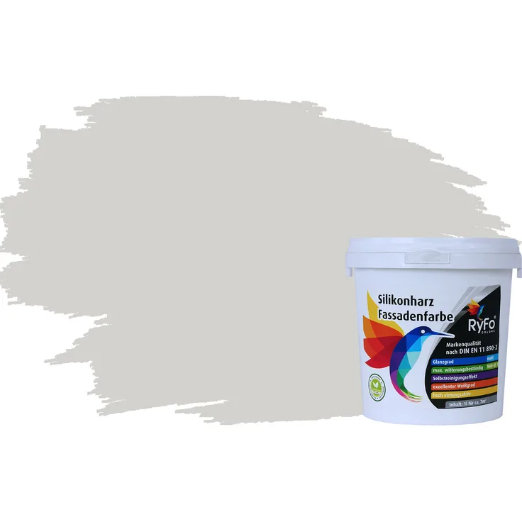 RyFo Colors Silikonharz Fassadenfarbe Lotuseffekt Trend Seidengrau 1l - bunte Fassadenfarbe, weitere Grau Farbtöne und Größen erhältlich, Deckkraft Klasse 1