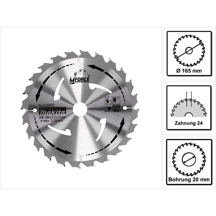 Makita 1x Kreisssägeblatt M-Force 165 x 20 mm Zahnwinkel: +15° mit Abweiserstegen 24 HM Zähne für Holz – Bild 3
