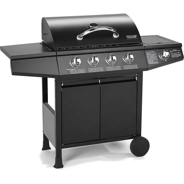 TAINO BASIC 4+1 Gasgrill mit Seitenbrenner Gasgrill 4 Brenner BBQ Grillwagen Edelstahl-Brenner Schwarz Piezozündung 126 x 103 x 50 cm