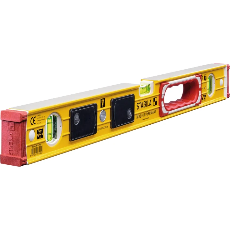 STABILA Wasserwaage Type 196-2 LED, 122 cm, extrasteifes Alu-Profil, 1 LED-Horizontal-/1 LED-Vertikal-/1 Vertikal-Libelle, 2 Handgriffe, stoßdämpfende Endkappen, Rutsch-Stopper, Made in Germany – Bild 2