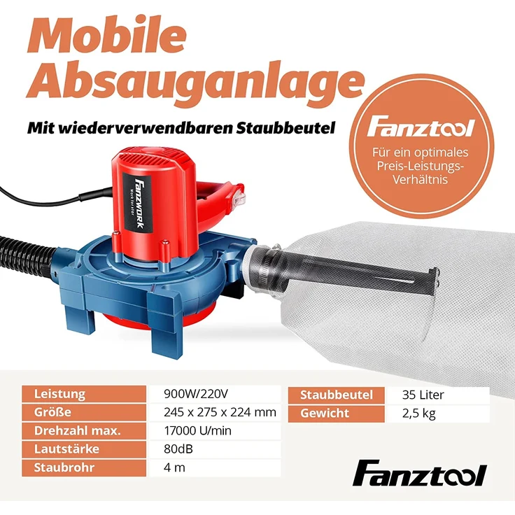 FANZTOOL mobile Absauganlage 900W mit wiederverwendbaren Staubbeutel und Metallgehäuse, Späneabsauganlage geeignet für Werkstatt und Baustelle – Bild 2