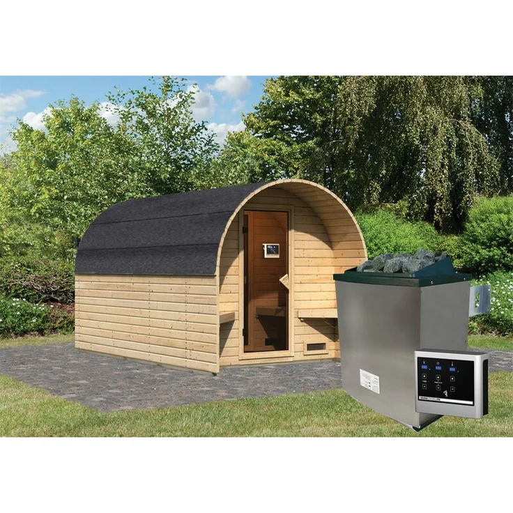 Karibu Fassshaus 3 Set naturbelassen mit Ofen 9 kW, externe Steuerung – Bild 1