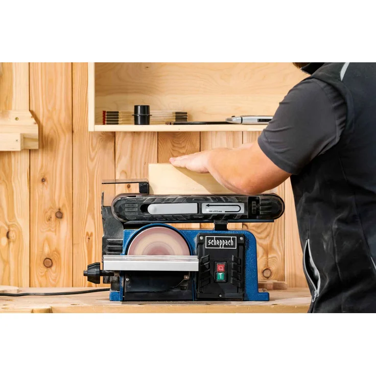 Scheppach Band-Tellerschleifer BTS900 mit Zubehör | Schleifmaschine mit 370W | 230V | 2850 min-1 | Schleifteller Ø 150mm | inkl. 3x Schleifpapier und 3x Schleifband | Bandschleifer Schleifgerät – Bild 4