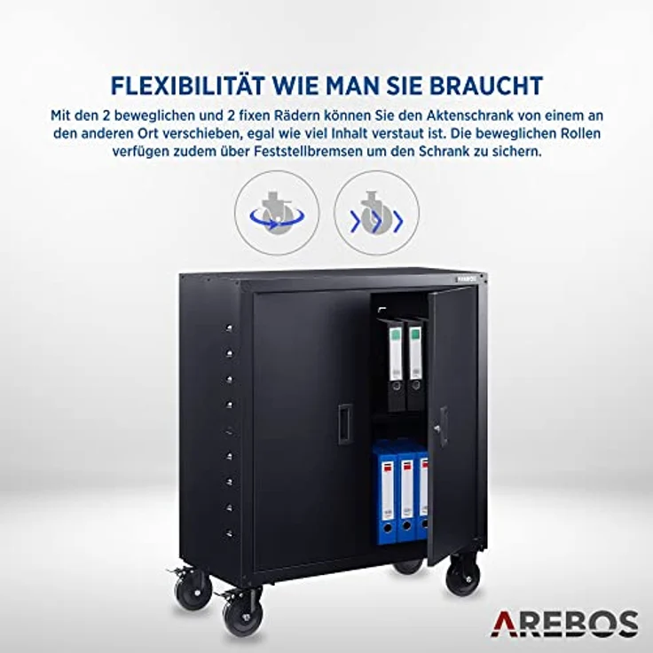 Aktenschrank Büroschrank Lagerschrank Materialschrank mit Räder Schwarz - Schwarz - Arebos – Bild 4