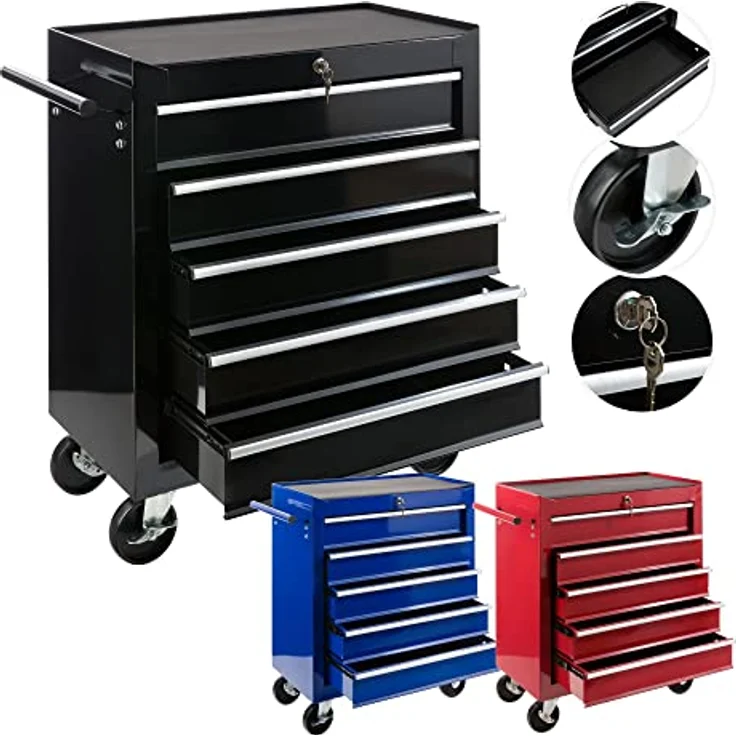 Werkstattwagen Werkzeugwagen Rollwagen Toolbox 5 Schubladen kugelgelagert - Schwarz - Arebos – Bild 1
