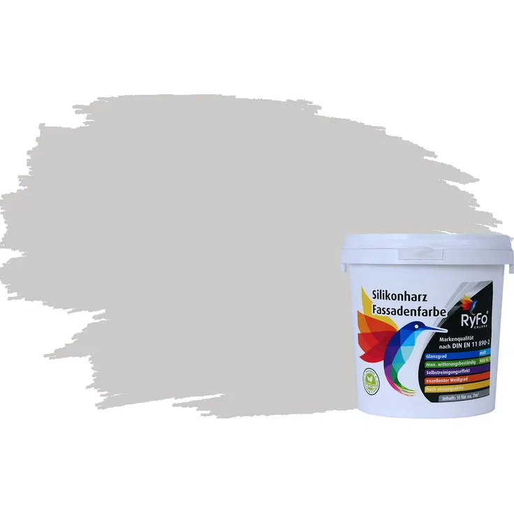 RyFo Colors Silikonharz Fassadenfarbe Lotuseffekt Trend Hellgrau 1l - bunte Fassadenfarbe, weitere Grau Farbtöne und Größen erhältlich, Deckkraft Klasse 1