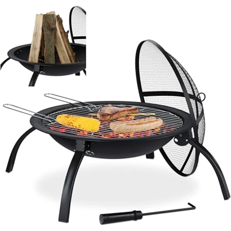 Relaxdays XL Feuerschale, Grill Rost, Schürhaken, Funkenschutz Deckel, Garten, Terrasse, Feuerstelle D 56,5 cm, schwarz – Bild 2