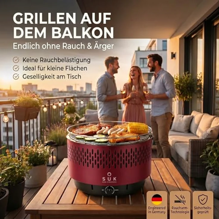 SOUK ONE Tischgrill mit Aktivbelüftung, Holzkohlegrill Grill mit Lüfter, Campinggrill BBQ Outdoor (Rot) – Bild 3