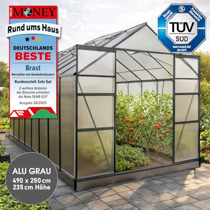 BRAST Gewächshaus Aluminium mit Fundament, TÜV geprüft, 6mm Hohlkammerplatten, wetterfest und temperaturbeständig, 490x250x235cm, grau – Bild 2
