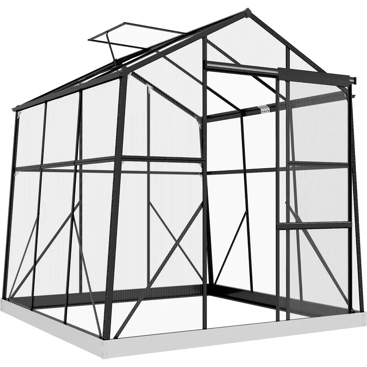 MH Handel GmbH Gewächshaus Treibhaus Frühbeet, wetterbeständig, 192 x 192 x 203 cm, Schwarz, mit Polycarbonat und belüftbarem Dachfenster