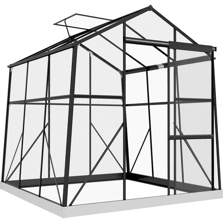 MH Handel GmbH Gewächshaus Treibhaus Frühbeet, wetterbeständig, 192 x 192 x 203 cm, Schwarz, mit Polycarbonat und belüftbarem Dachfenster