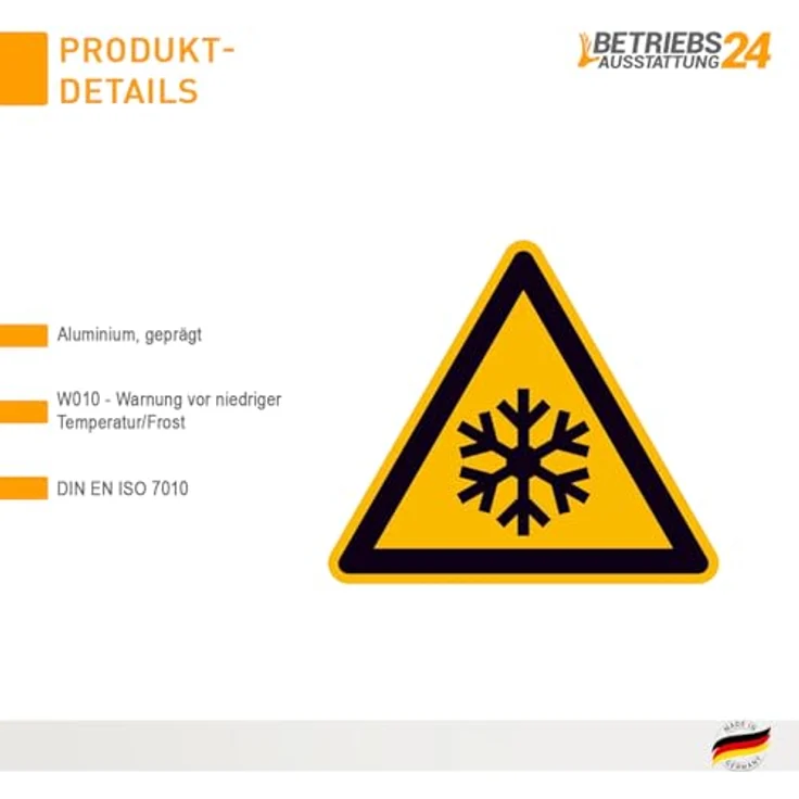 Betriebsausstattung24 Warnschild W010, Aluminium, geprägt, Warnung vor niedriger Temperatur/Frost, 10,0 cm, witterungsbeständig, Made in Germany – Bild 3