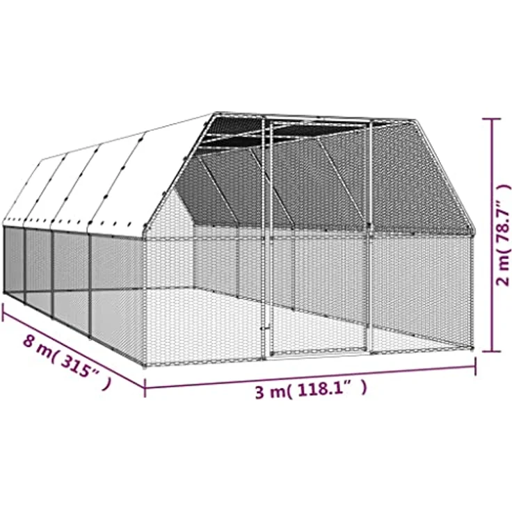 vidaXL Hühnerstall, Outdoor-Hühnerkäfig 3x8x2 m aus verzinktem Stahl, wasserabweisendes Dach, silbern/silbergrau, mit Tür und Schloss – Bild 4