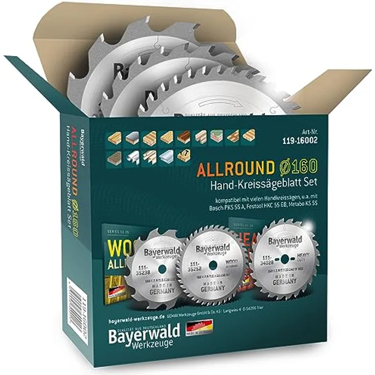 QUALITÄT AUS DEUTSCHLAND Bayerwald Werkzeuge ALLROUND Handkreissägen-Set Ø 160 (3 tlg.) - HM Allround Kreissägeblätter für Holz Längsschnitt/Tischlerplatten/Holz Querschnitt - Kompatibel mit Bosch PKS 55 A, Festool HKC 55 EB, Metabo KS 55