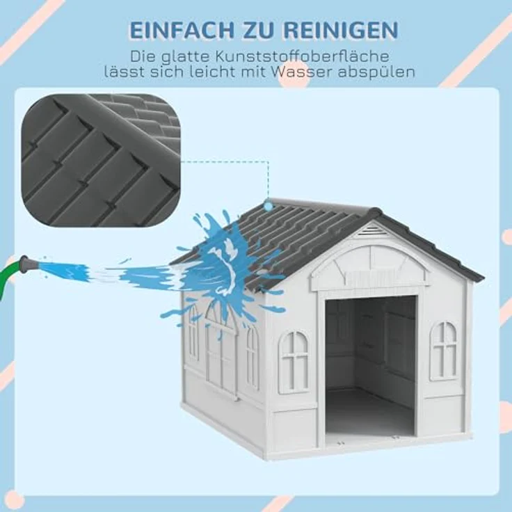 PawHut Hundehütte, Hundehaus mit Satteldach, wetterfest für mittelgroße Hunde unter 20 kg, Outdoor, 65 x 75,7 x 63 cm, Grau – Bild 4