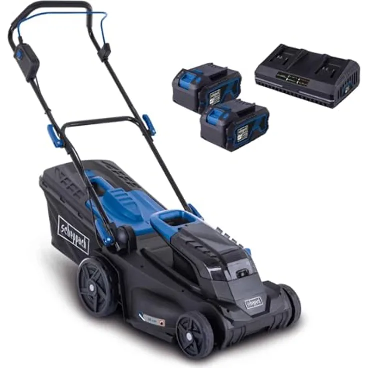 Scheppach Akku-Rasenmäher BC-MP380-X 20V Brushless Akkumäher | 38cm Schnittbreite | für 450-500 m2 | Schnitthöhenverstellung von 25–75mm | 45L Korb | 20V-IXES-Serie | mit 2x 4Ah Akku & Doppelladegerät