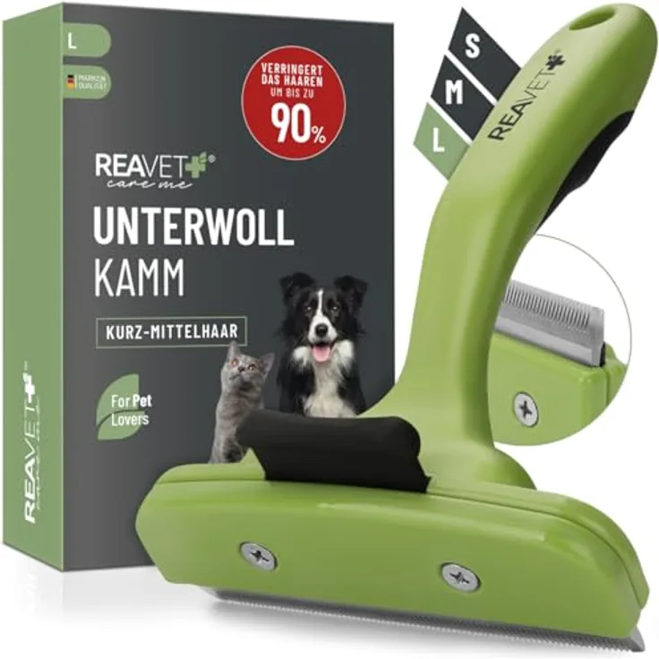 ReaVET Unterwollkamm für Hunde & Katzen Kurzhaar I Große Rassen (Größe L) I Entfernt Unterwolle, Pflegt das Deckhaar I mit Selbstreinigungsknopf I Katzen-Kamm Hunde-Kamm ideal zum Fellwechsel
