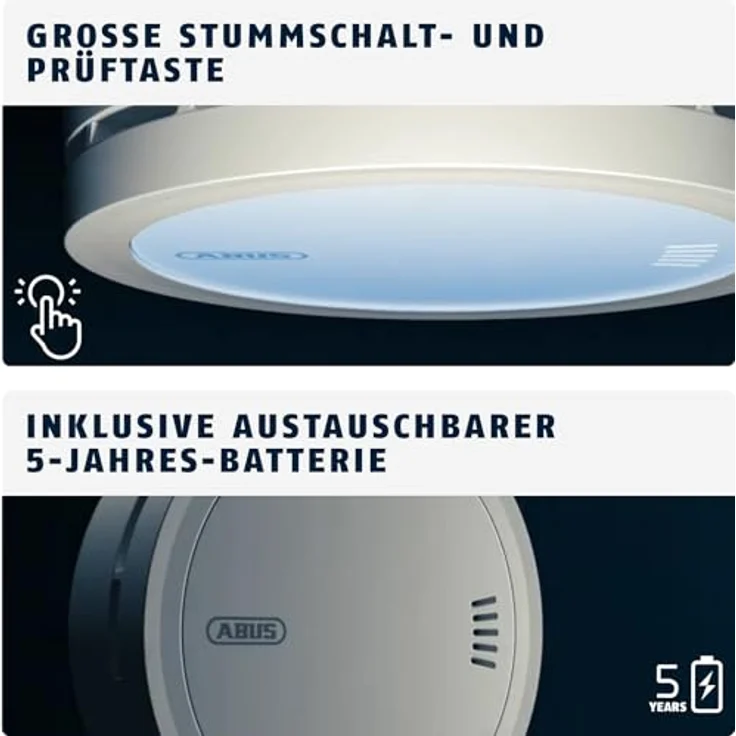 ABUS Rauchmelder Prefira 5, zertifizierter Rauchwarnmelder mit 5-Jahres-Batterien, Fehlalarm-Reduzierung, großer Prüftaste und Verschmutzungskompensation – Bild 3