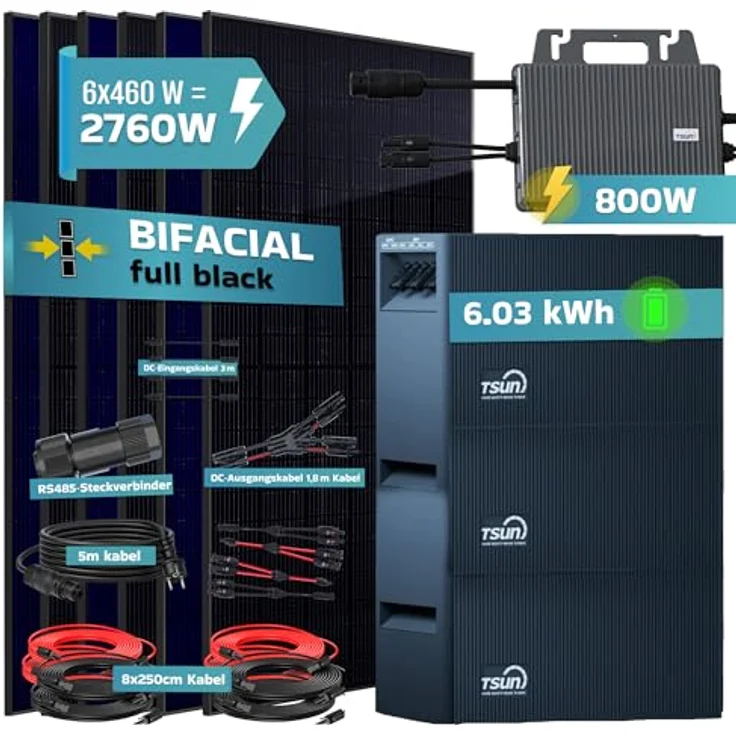 SUNNIVA® 2760W Balkonkraftwerk, Komplettset mit 6x 500W bifazialen Glas-Glas Modulen, 6,03 kWh Speicher und TSUN TSOL-MS800 Wechselrichter, BIFAZIAL FULLBLACK – Bild 2
