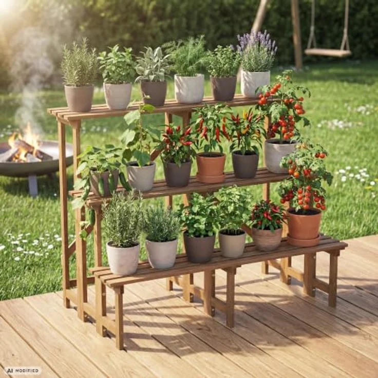 needs&wants® Große Pflanzentreppe Blumentreppe, 3-stufiger Pflanzenständer aus wetterfestem Holz, braun, für Indoor und Outdoor, 110 cm breit, 80 cm hoch – Bild 2