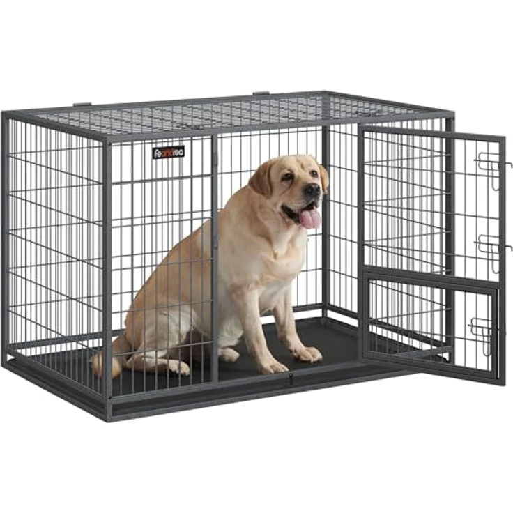 Feandrea Hundekäfig XXL, hochbelastbar, Gitterbox für große Hunde, transportabel, 122 x 75,5 x 80,5 cm, Grau – Bild 1