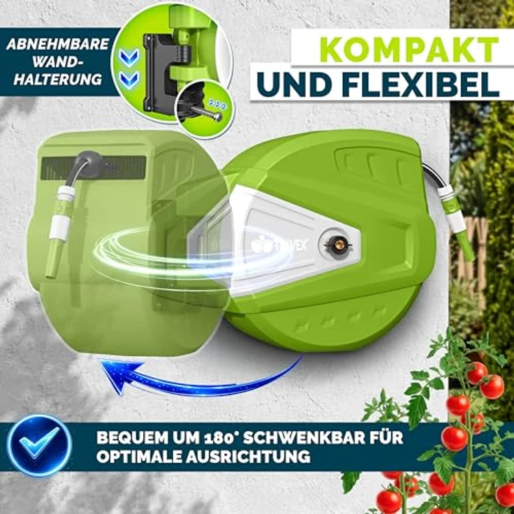 tillvex Schlauchtrommel Wasser mit Wandhalterung, 35m Gartenschlauch, 180° schwenkbar, Handbrause mit 9 Funktionen, Aufroll-Automatik, grün – Bild 2