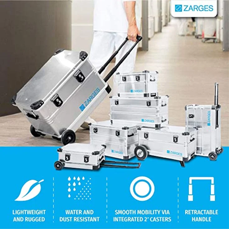 ZARGES Aluminium-Mobilbox 99 L, Werkzeugkoffer mit ausziehbarem Griff und Rollen, Außenmaß 800 x 400 x 455 mm – Bild 3