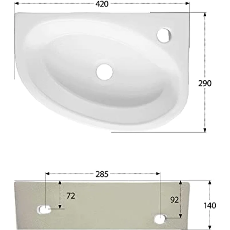 'aquaSu® Handwaschbecken Liam 42 cm | Eck-Waschtisch mit Hahnloch | Kleines Hänge-Waschbecken rund | Wand- oder Aufsatzmontage | 42 x 29 cm | Sanitärkeramik in weiß | 56218 8 – Bild 5