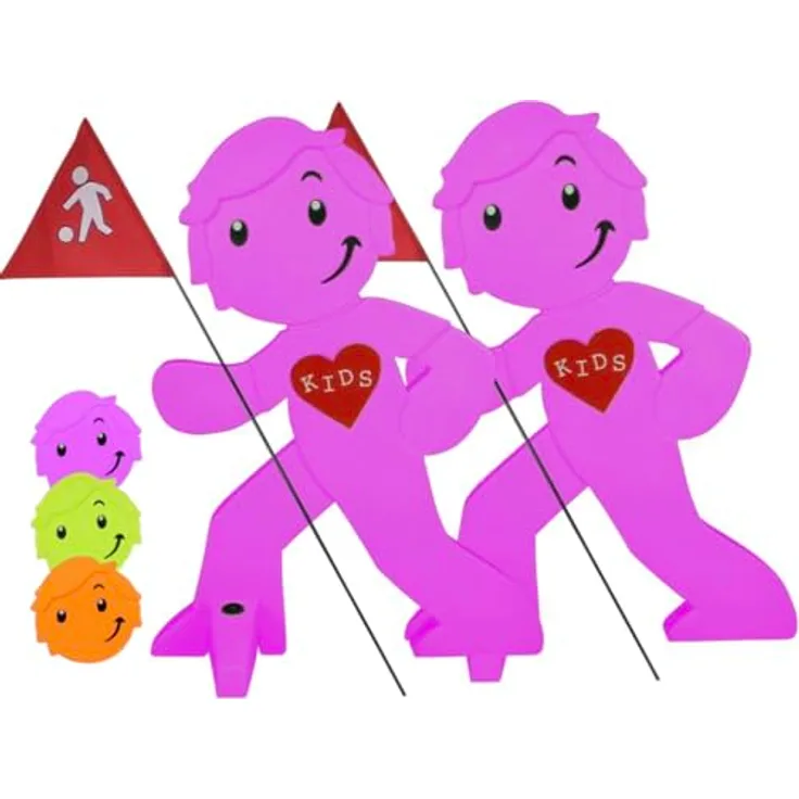 StreetBuddy Warnfigur mit Fahne, reflektierender Warnaufsteller für Kindersicherheit (Magenta) - Achtung langsam Fahren - Vorsicht spielende Kinder