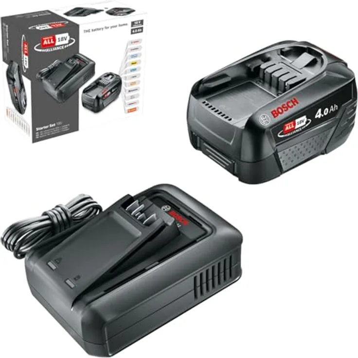 Bosch Akku und Schnellladegerät Starter Set 18V, POWER FOR ALL 18V Alliance, 4,0Ah Li-Ionen-Akku, Schnellladefunktion, Karton