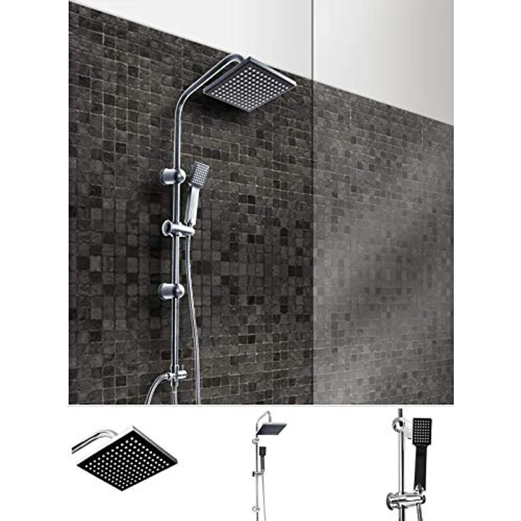 Grafner Regendusche im Set incl. Kopfbrause, Handbrause, Schlauch, Stange und Anschluss-Set Duschset Duschsystem Duschgarnitur eckig – Bild 2