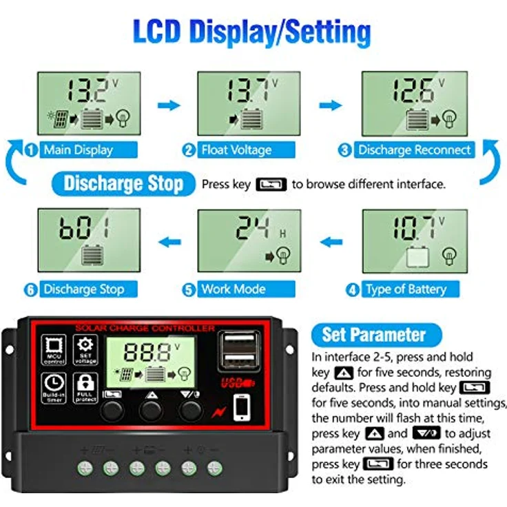Depvko 30A Solar-Laderegler, PWM Controller für 12V/24V Systeme, mit 5V Dual USB Port und LCD-Anzeige für Blei-Säure-Batterien – Bild 3