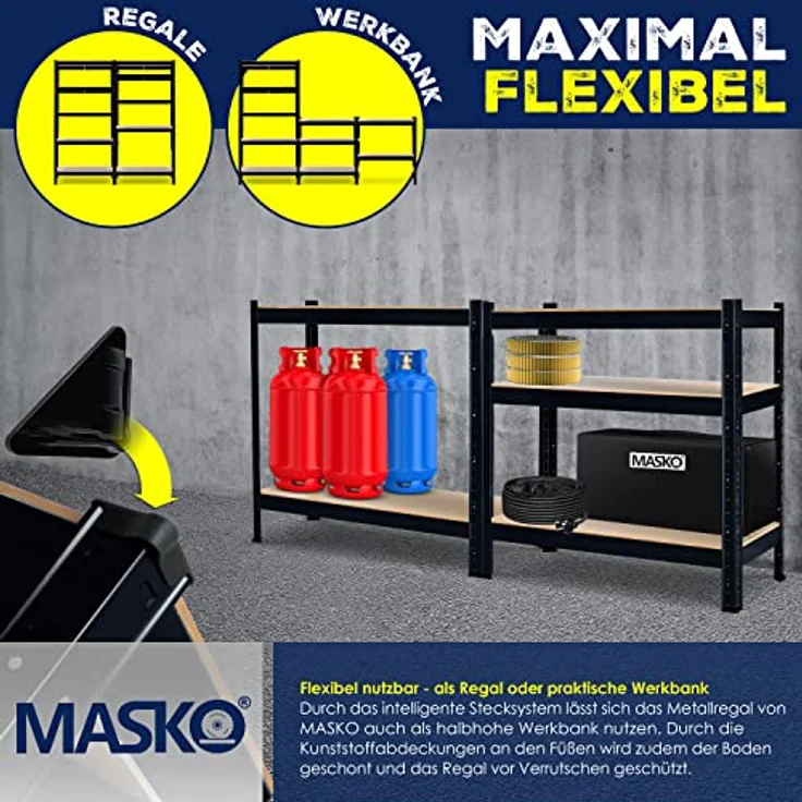 MASKO 2er-Set Lagerregal Schwerlastregal, Kellerregal , bis 875 kg belastbar, 5 verstellbare Ablagen, MDF-Platten Regal aus Metall, Steckregal, Werkstattregal, Keller, Garage 2x 180x90x40cm 5-Böden, 2x Schwarz 875kg – Bild 5