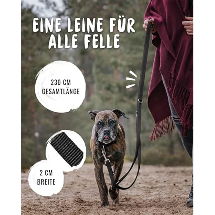 Rudelkönig Führleine Frida, 2,30m verstellbare Hundeleine aus robustem Nylon für mittelgroße und große Hunde, schwarz – Bild 2