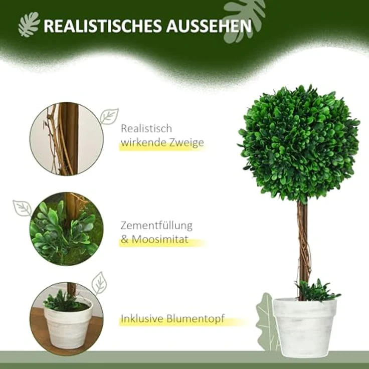 HOMCOM Künstliche Pflanzen, 2er-Set UV-beständige Kunstpflanze, 60 cm Buchsbäume, Zimmerpflanze im Blumentopf, Kunstbaum, Wohnzimmerdeko für Garten, Terrasse, Grün – Bild 3