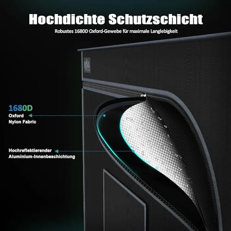 NovaGrove Growzelt 60x60x180cm, Growbox mit 1680D robuster Außenschicht, hochreflektierender Diamant-Aluminium-Innenbeschichtung, schwarz – Bild 3