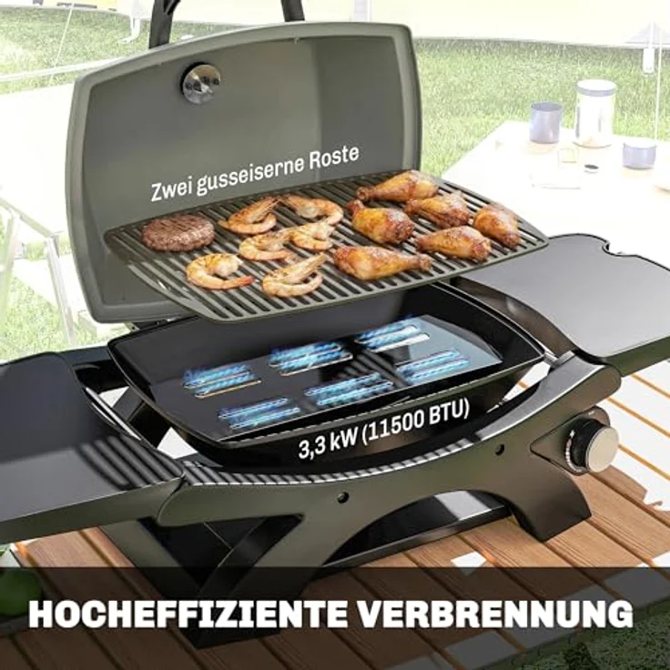 Outsunny Tragbarer Gasgrill 3,3 kW mit 1 Brenner, klappbaren Seitentischen, Gusseisen Grillrosten, herausnehmbarer Fettauffangschale und Thermometer, Tischgasgrill für Garten und Balkon – Bild 3