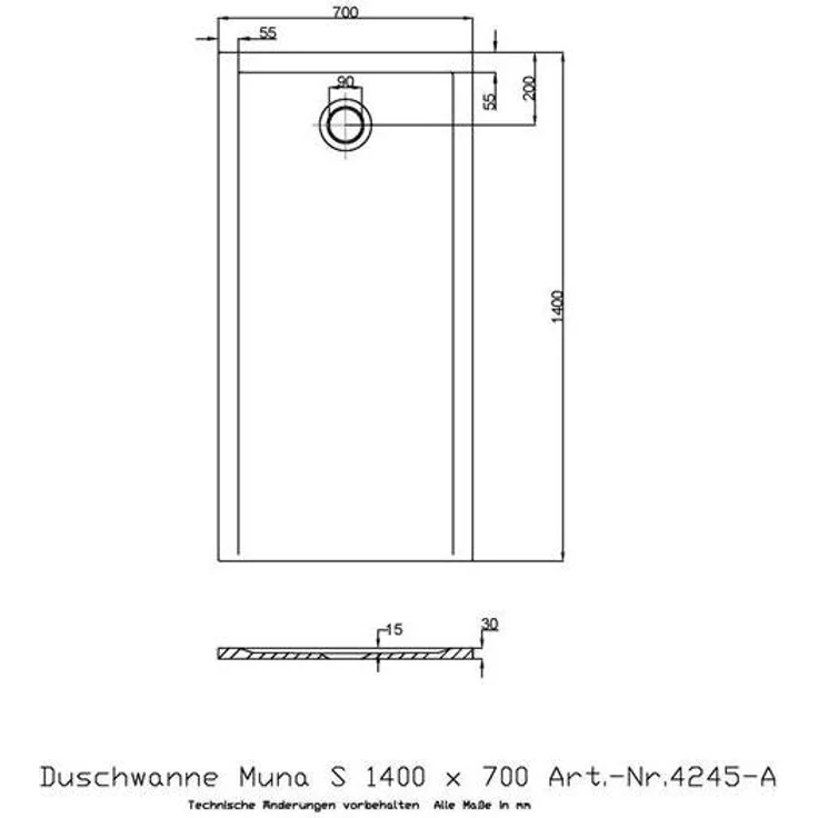 Hoesch Mineralguss-Duschwanne Muna S 140x70x3cm, weiß, glänzendes Finish, Pflegeleichte Oberfläche, mittig platziertes Ablaufloch