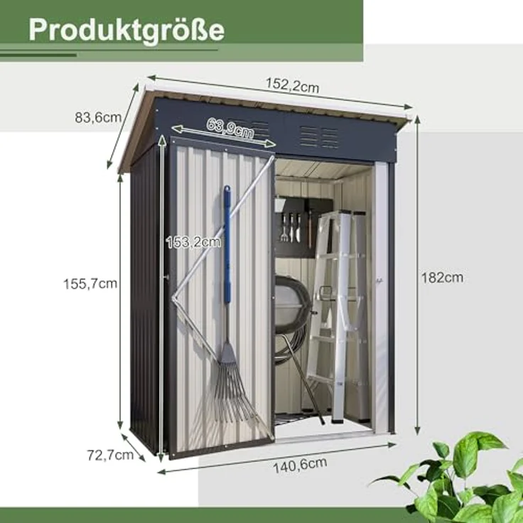 Thanaddo Geräteschuppen Gerätehaus 152 x 84 x 182 cm, 1,5m³ Stauraum wetterfest Gartenschuppen aus Metall, Anthrazit - Pultdach, Belüftungslöcher, Abschließbare Tür – Bild 5