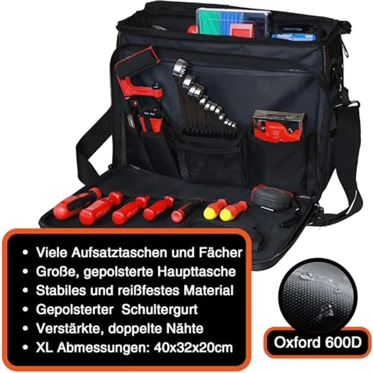 YPC Werkzeugtasche XL, Umhängetasche aus wasserabweisendem Oxford 600D Gewebe, 38x28x11cm mit 11 Haltern und 5 Innentaschen – Bild 5