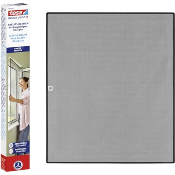 tesa Insect Stop Clip On - Fliegengitter zum Einklicken am Fenster - zuschneidbarer Rahmen, Netz aus langlebigem Fiberglas, Selbstklebende Halte-Klips - 1 x 1,2 m - Anthrazit