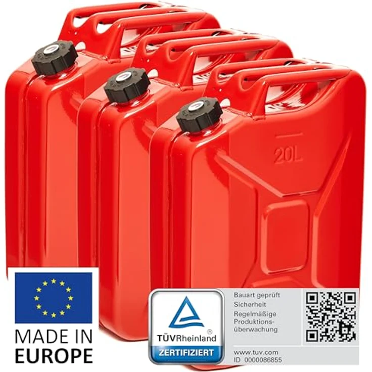 BW® Benzinkanister Metall 3x 20 Liter, roter Kraftstoffkanister mit Schraubverschluss, TÜV-geprüft, UN-zugelassen, 0,9mm Stahl nach DIN 7274, Made in Europe – Bild 2