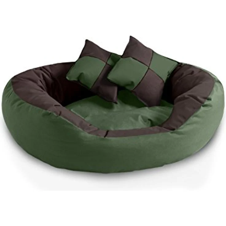 BedDog® 4in1 Hundebett SABA, Wende-Hunde-Kissen oval-rund, großes Hundekörbchen, abwischbares Hundebett mit Rand, für drinnen, draußen, L, grün-braun – Bild 1