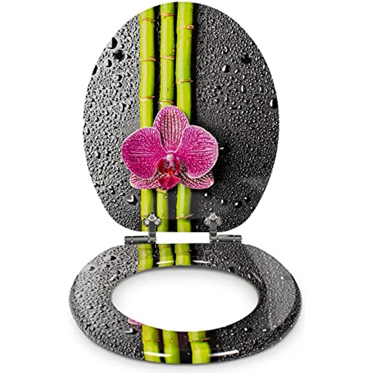 Sanfino WC Sitz Bamboo, Toilettendeckel aus Holz mit Absenkautomatik, grau-schwarz mit Orchideen-Motiv, einfache Montage – Bild 3