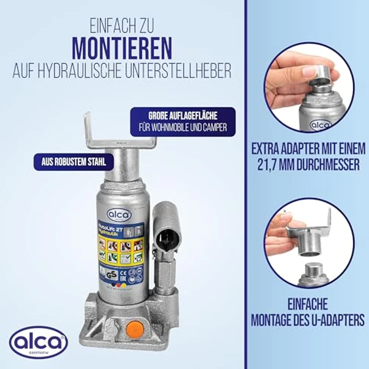 alca® Hydraulischer Wagenheber 2t im Koffer mit U-Adapter, Stempelwagenheber aus Stahl, Hubhöhe 158–308 mm, silber-grau, für PKW SUV Caravan, Unterstellheber für schwierige Hebepunkte – Bild 8
