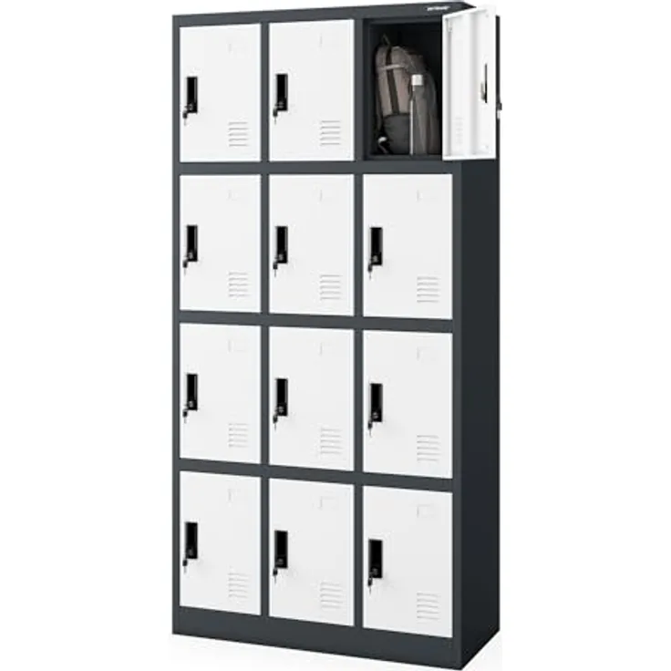 Jan Nowak Umkleideschrank, abschließbarer Personalschrank aus Metall, 12 Fächer, anthrazit/weiß, 185 cm x 90 cm x 40 cm